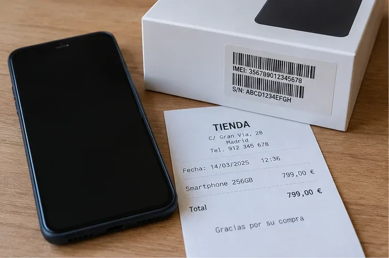 Smartphone junto a una caja con etiqueta de IMEI y número de serie y un recibo de compra sobre una mesa