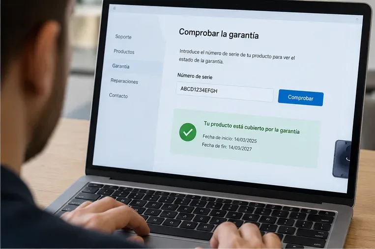 Persona consultando en un portátil una pantalla de ejemplo con estado de cobertura de garantía de un producto