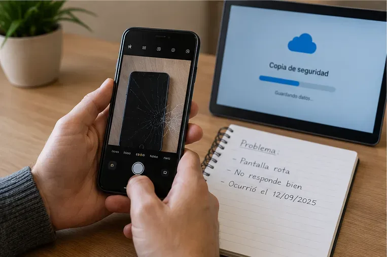 Persona fotografiando el estado de un smartphone mientras realiza una copia de seguridad y toma notas del problema