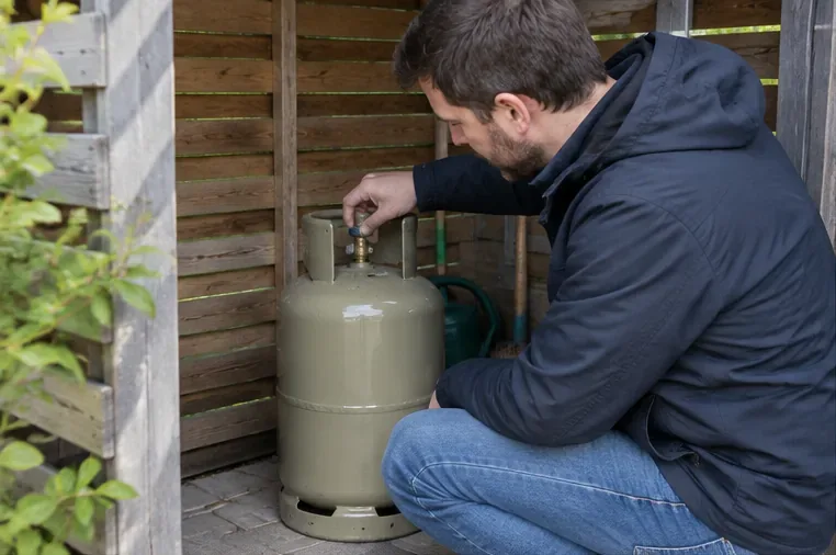 Een man controleert de kraan van een gasfles voordat hij deze vervoert.