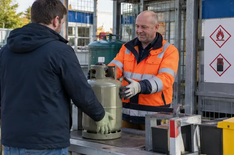 Een medewerker van een recyclingperron neemt een gasfles aan bij een aparte inzamelplek.
