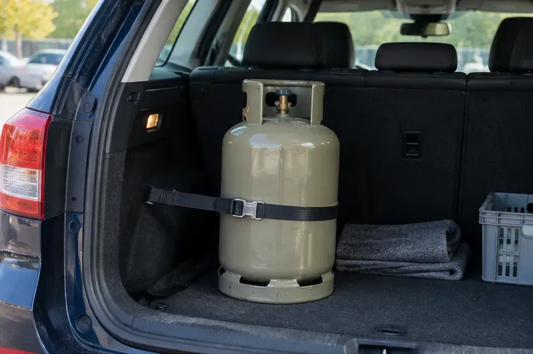 Een gasfles staat rechtop en met een band vastgezet in de bagageruimte van een auto.