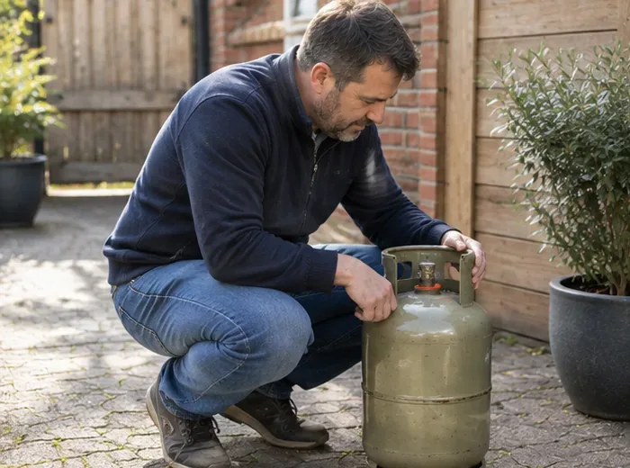Een man bekijkt een oude gasfles buiten en controleert de fles voordat hij deze naar de milieustraat brengt.