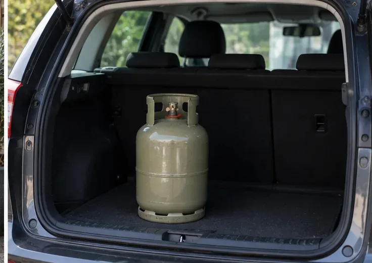 Een gasfles staat rechtop en vrij van andere zware spullen in de bagageruimte van een auto voor vervoer naar de milieustraat.