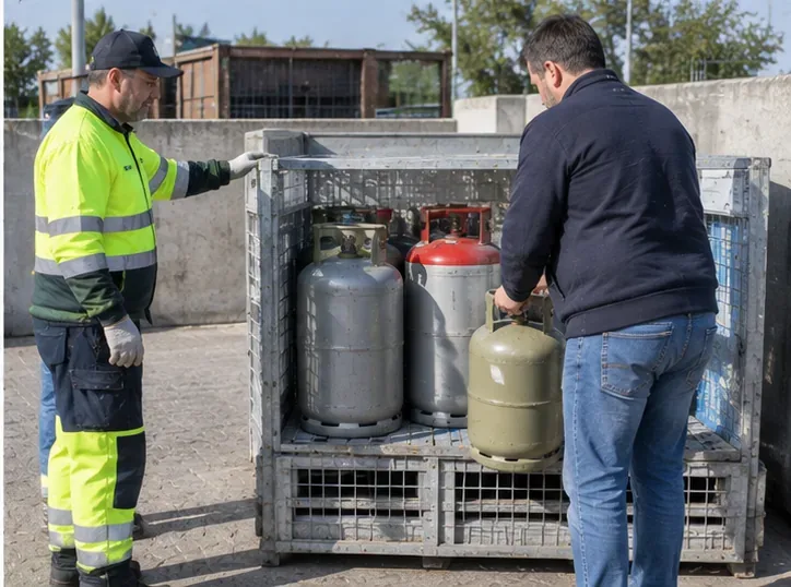 Een bezoeker plaatst een gasfles bij andere drukhouders in een metalen opslagkooi terwijl een medewerker van de milieustraat aanwijzingen geeft.