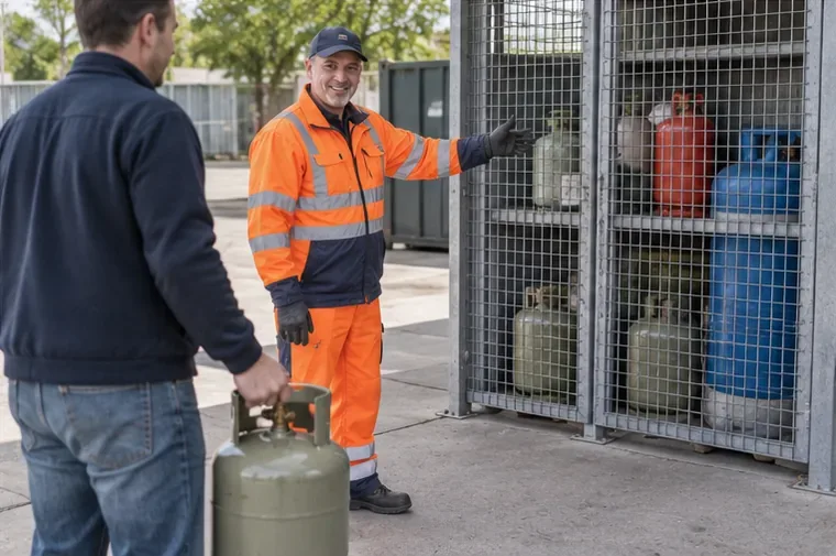 Een medewerker van een milieustation wijst een bezoeker met een gasfles naar een aparte opslagkooi voor gascilinders.