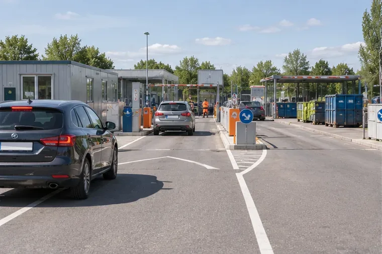 Auto's rijden over een overzichtelijk terrein van een milieustation met verschillende gescheiden afvalzones.