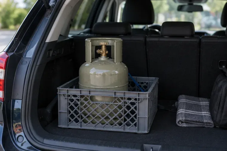 Een gasfles staat rechtop en stevig gefixeerd in een krat in de bagageruimte van een auto.