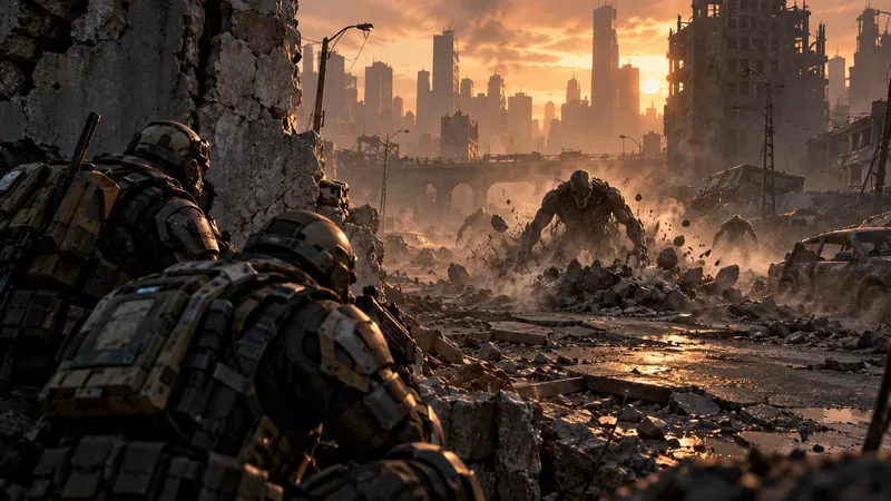 Two armored soldiers take cover on a ruined city street as dust rises around a large subterranean creature approaching in the distance