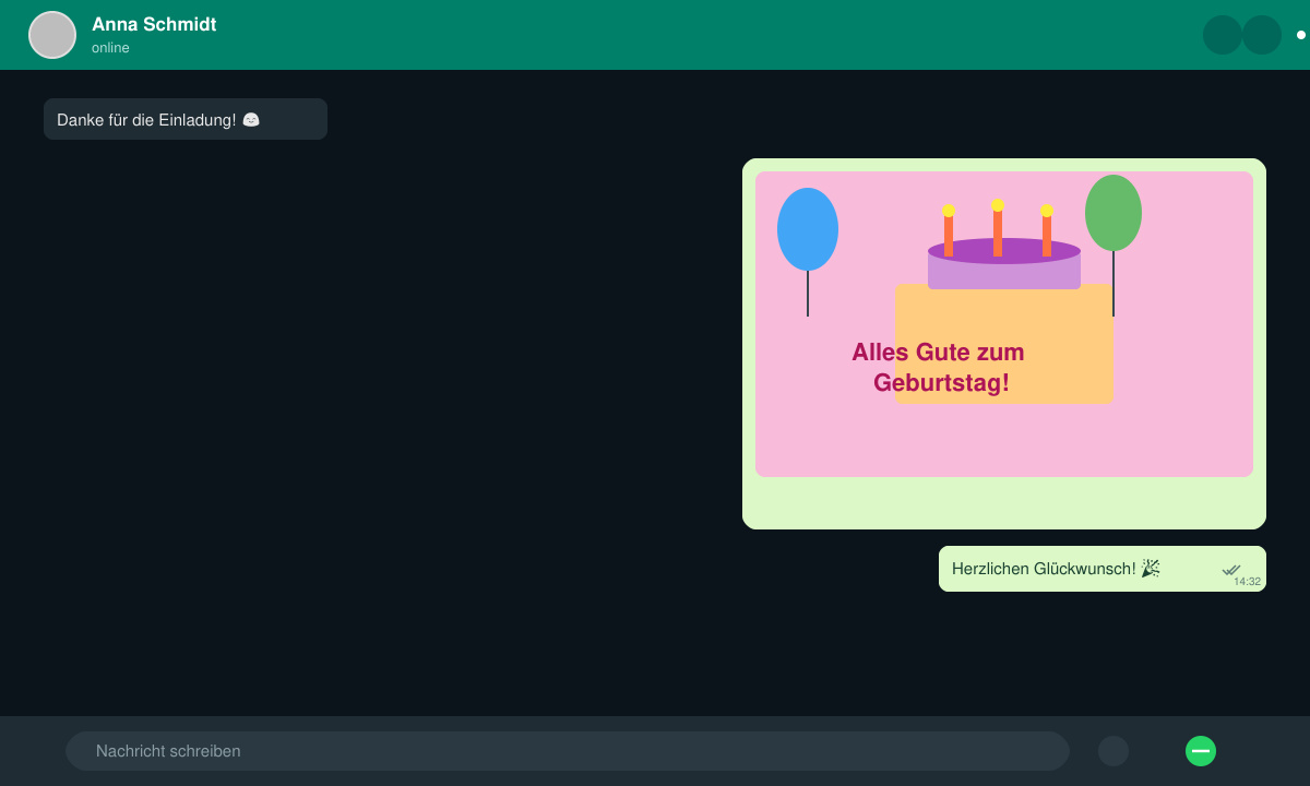WhatsApp-Chat-Fenster mit einem versendeten Geburtstagsbild und kurzer Glückwunsch-Nachricht