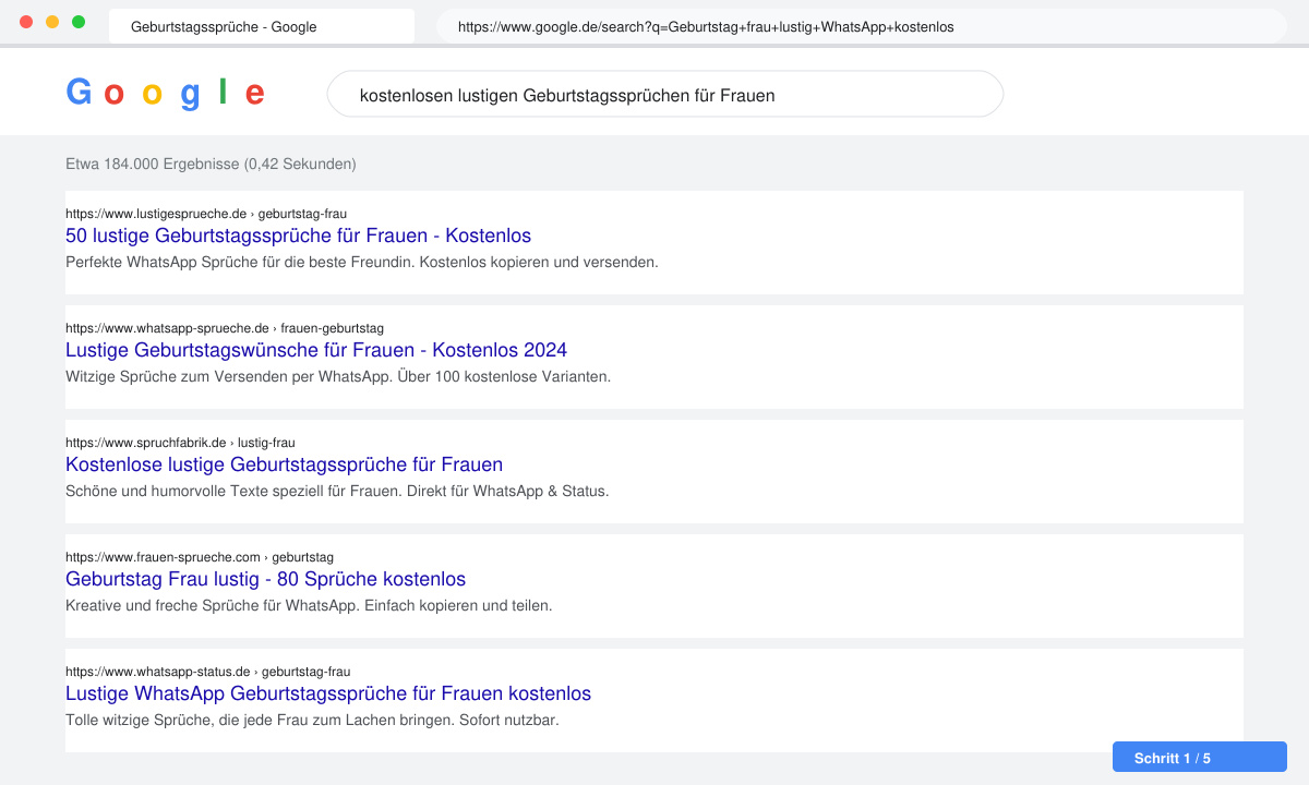 Bildschirm mit geöffneter Browser-Suche nach kostenlosen Geburtstagssprüchen