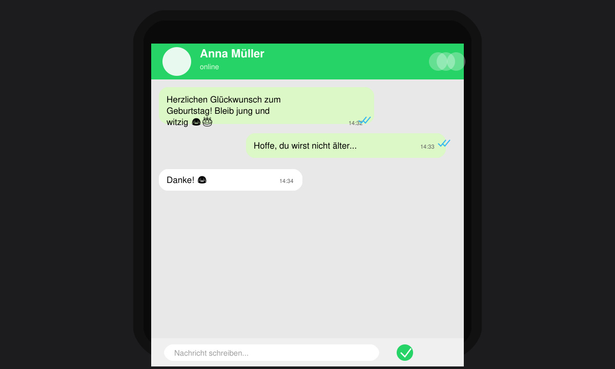 WhatsApp-Chat-Fenster mit versandtem lustigem Geburtstagsgruß und Lesebestätigung
