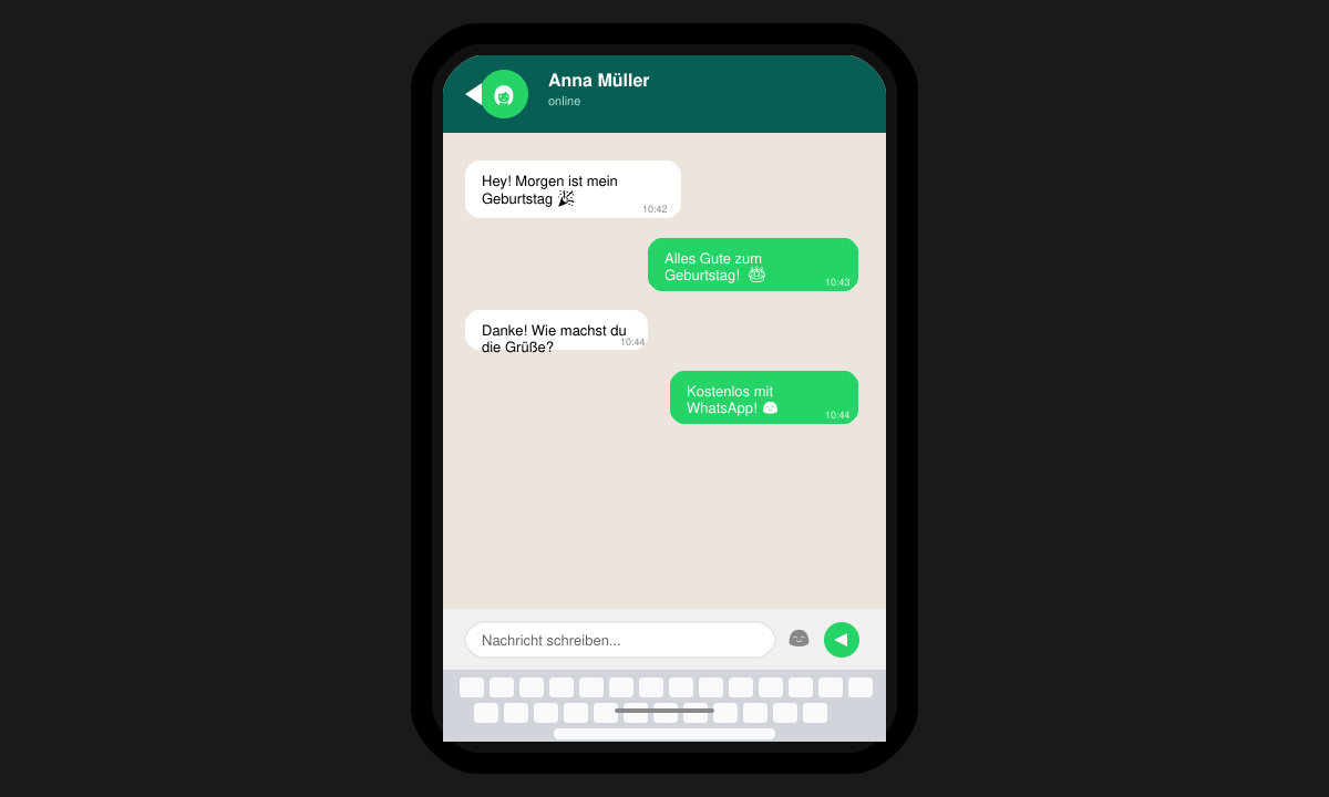 Nahaufnahme eines Smartphones mit geöffnetem WhatsApp-Chat und Tastatur