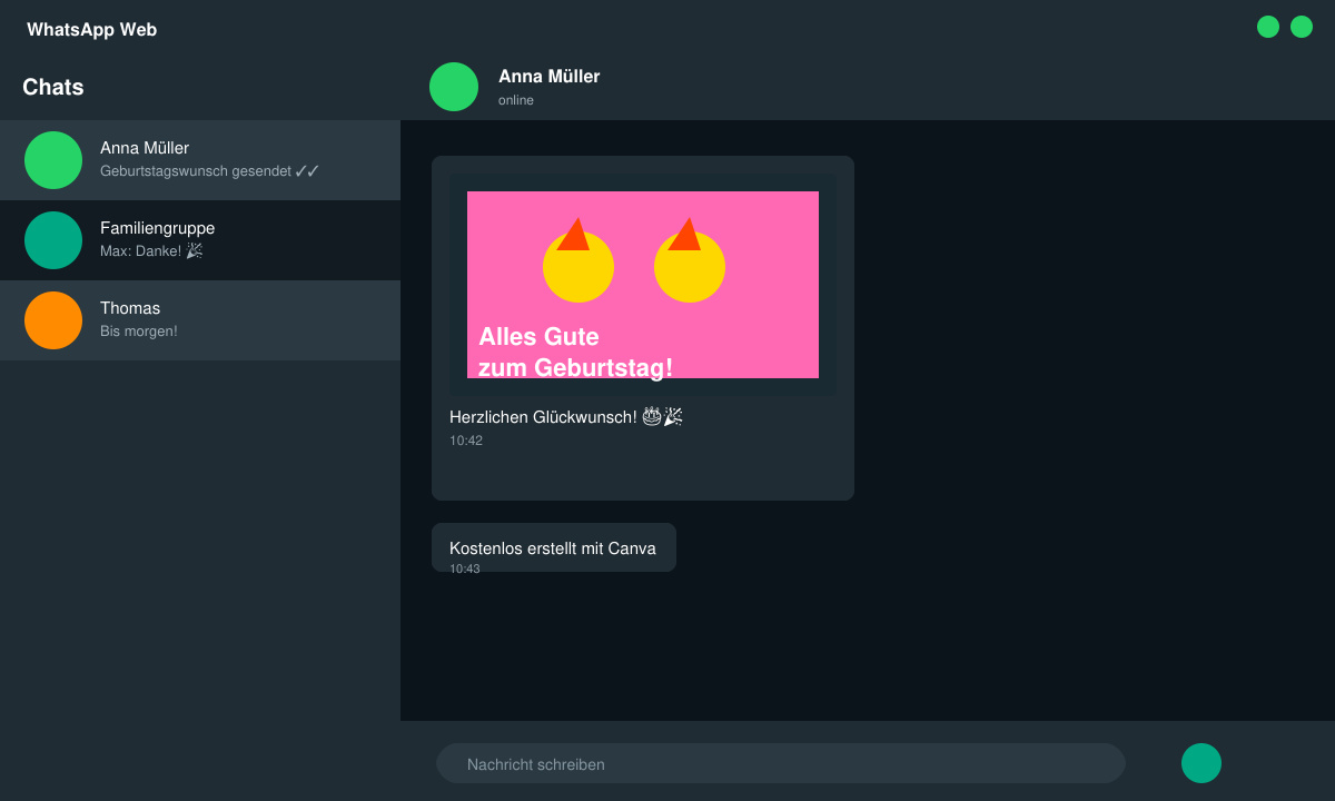WhatsApp-Nachricht mit Foto und Text, die einen Geburtstagswunsch zeigt