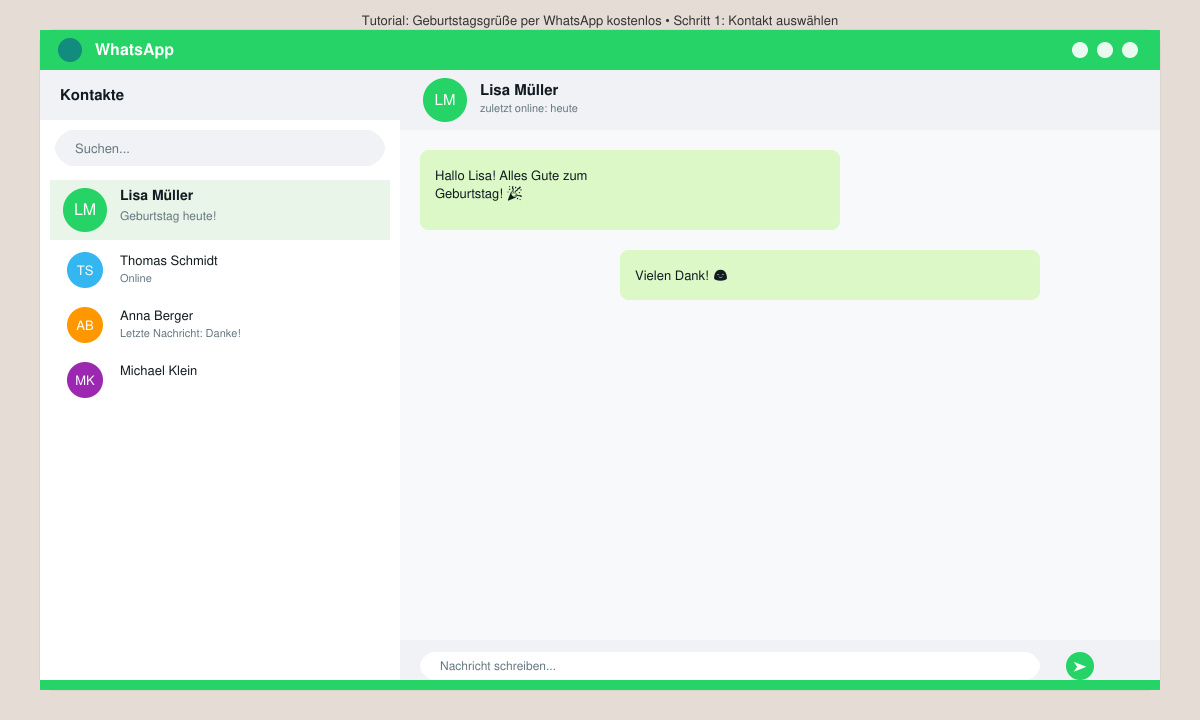 WhatsApp Chat öffnen und Kontakt für Geburtstagsgrüße auswählen