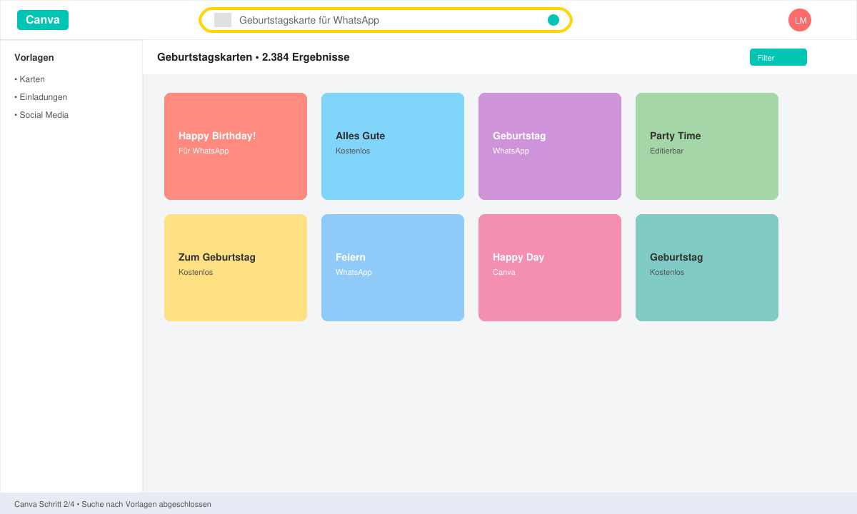 Screenshot of Canva interface with birthday card templates and the search bar highlighted
