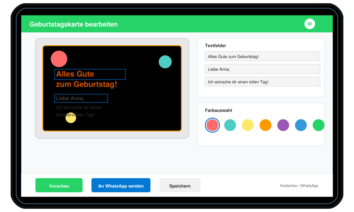 Geburtstagskarte per WhatsApp kostenlos in der Bearbeitungsansicht
