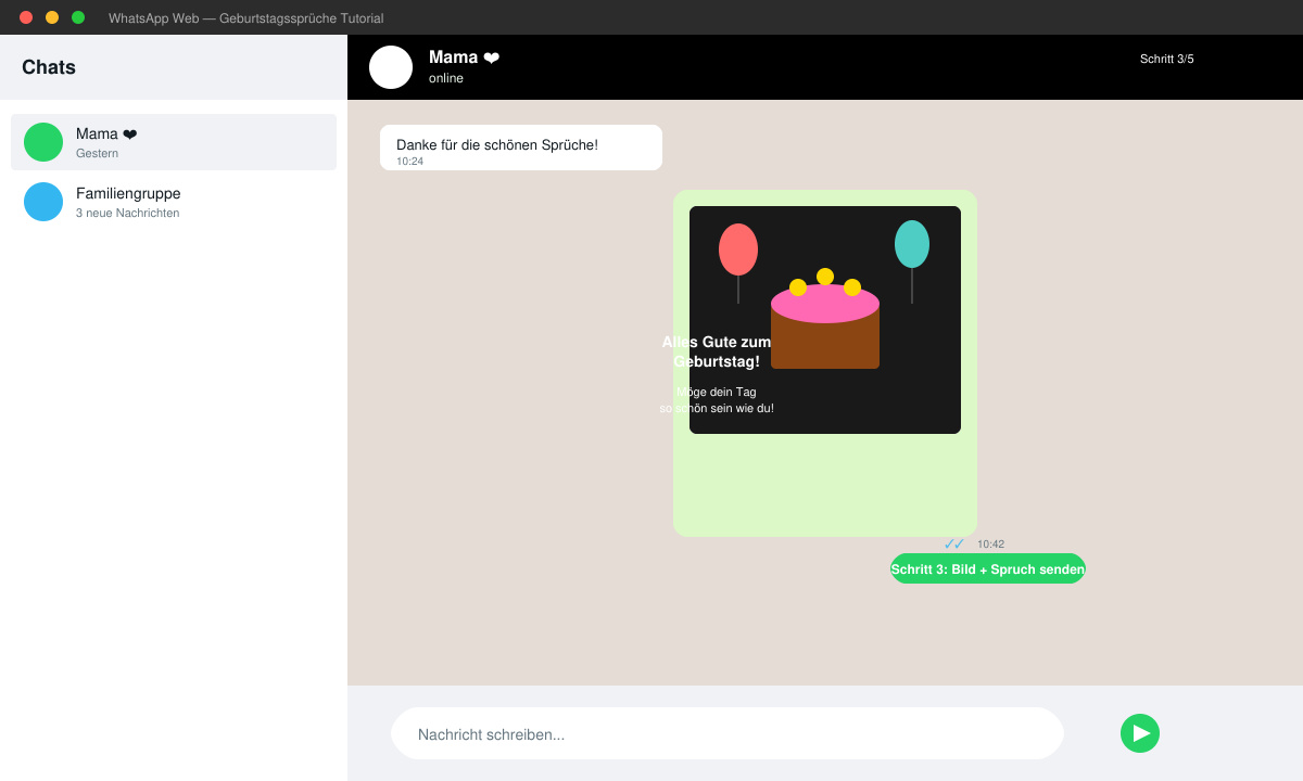 WhatsApp-Chat-Fenster mit versendetem Geburtstagsbild und Spruch