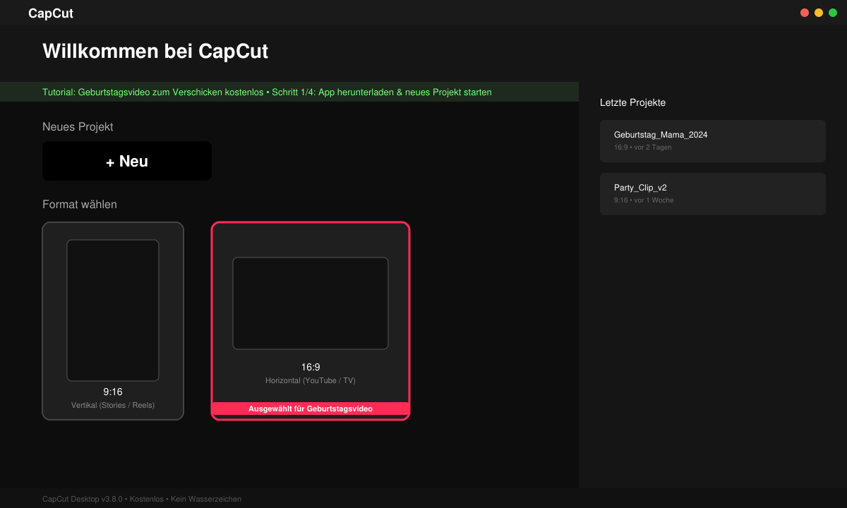 CapCut Startbildschirm mit der Schaltfläche „Neu“ und Formatwahl