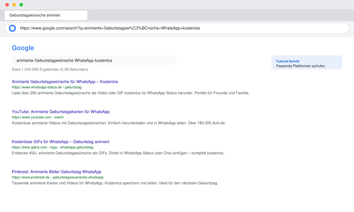 Browserfenster mit Suchergebnissen für animierte Geburtstagswünsche