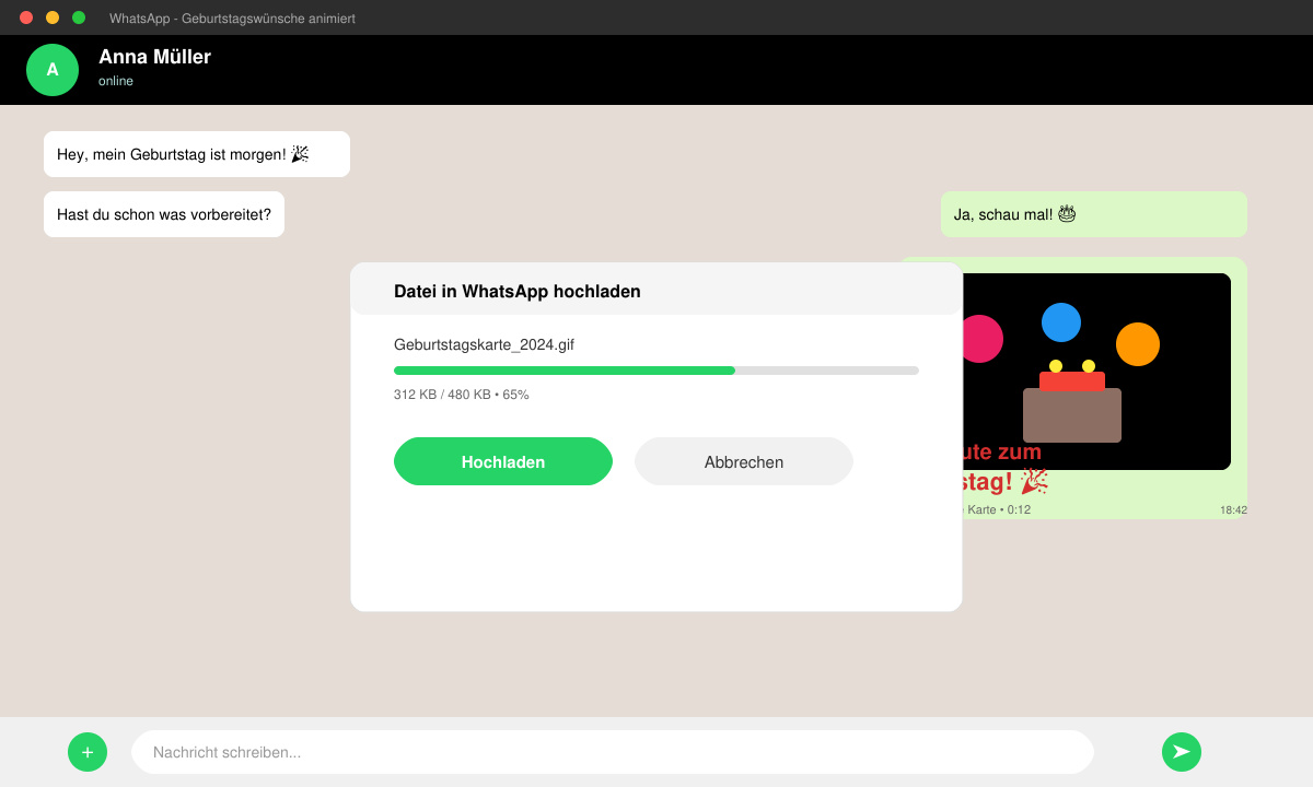 WhatsApp-Chat mit versendeter animierter Geburtstagskarte