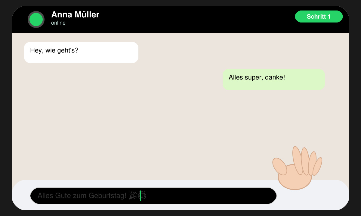 Nahaufnahme einer Hand, die einen Geburtstagswunsch in die WhatsApp-Eingabeleiste tippt