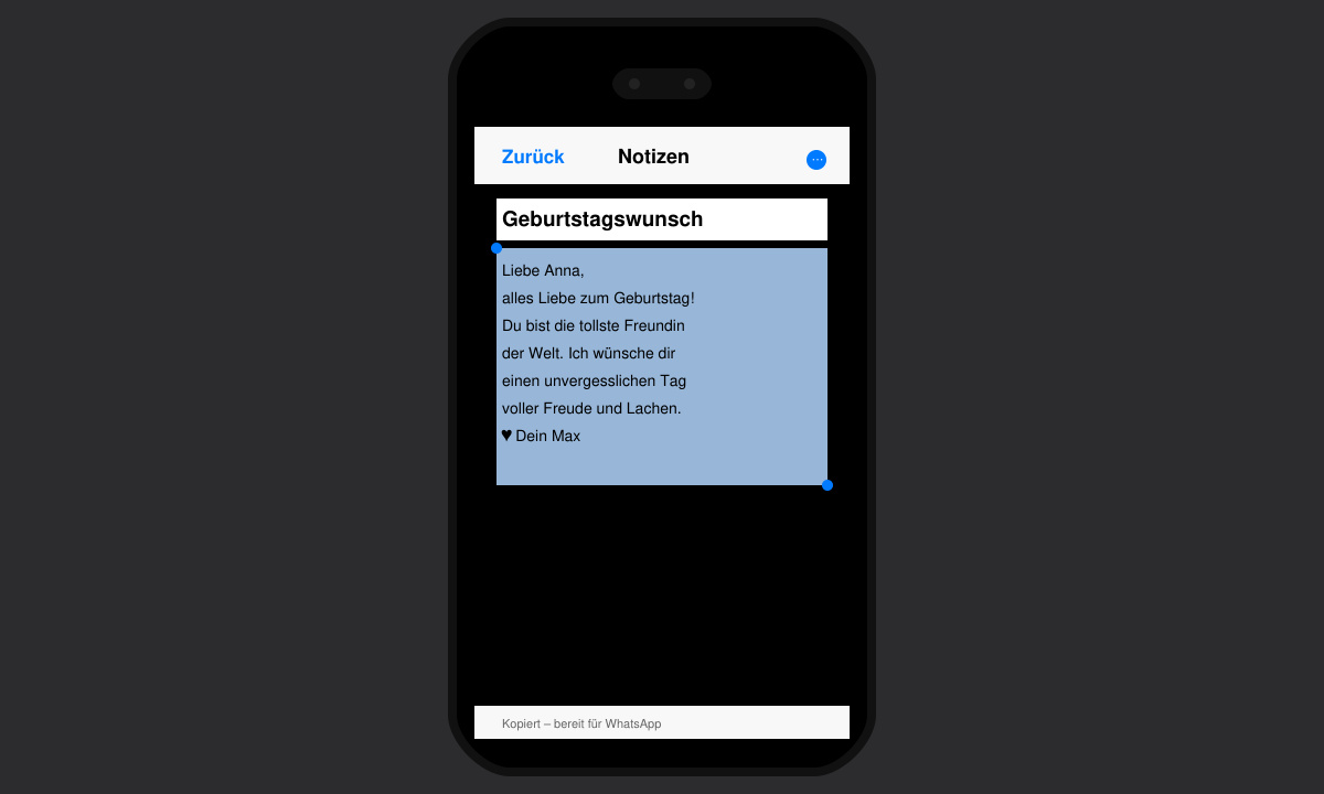 Kopierter Geburtstagswunsch in der Notizen-App auf dem Smartphone