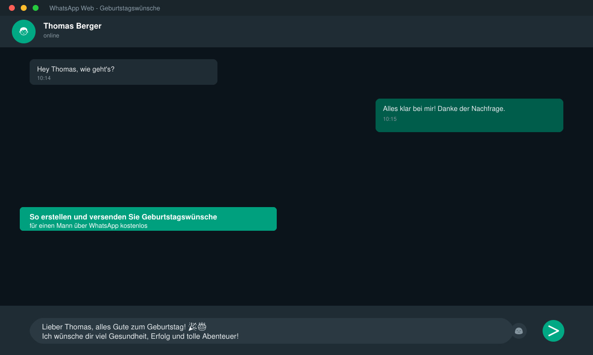 Fertig geschriebener Geburtstagswunsch für einen Mann im WhatsApp-Chatfenster
