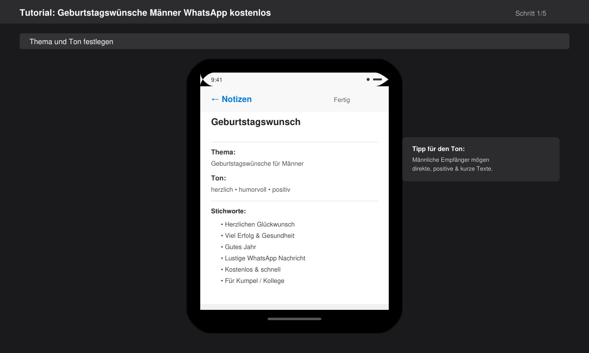 Nahaufnahme eines Smartphones mit geöffnetem Notizblock, auf dem Stichworte für einen Geburtstagswunsch notiert sind