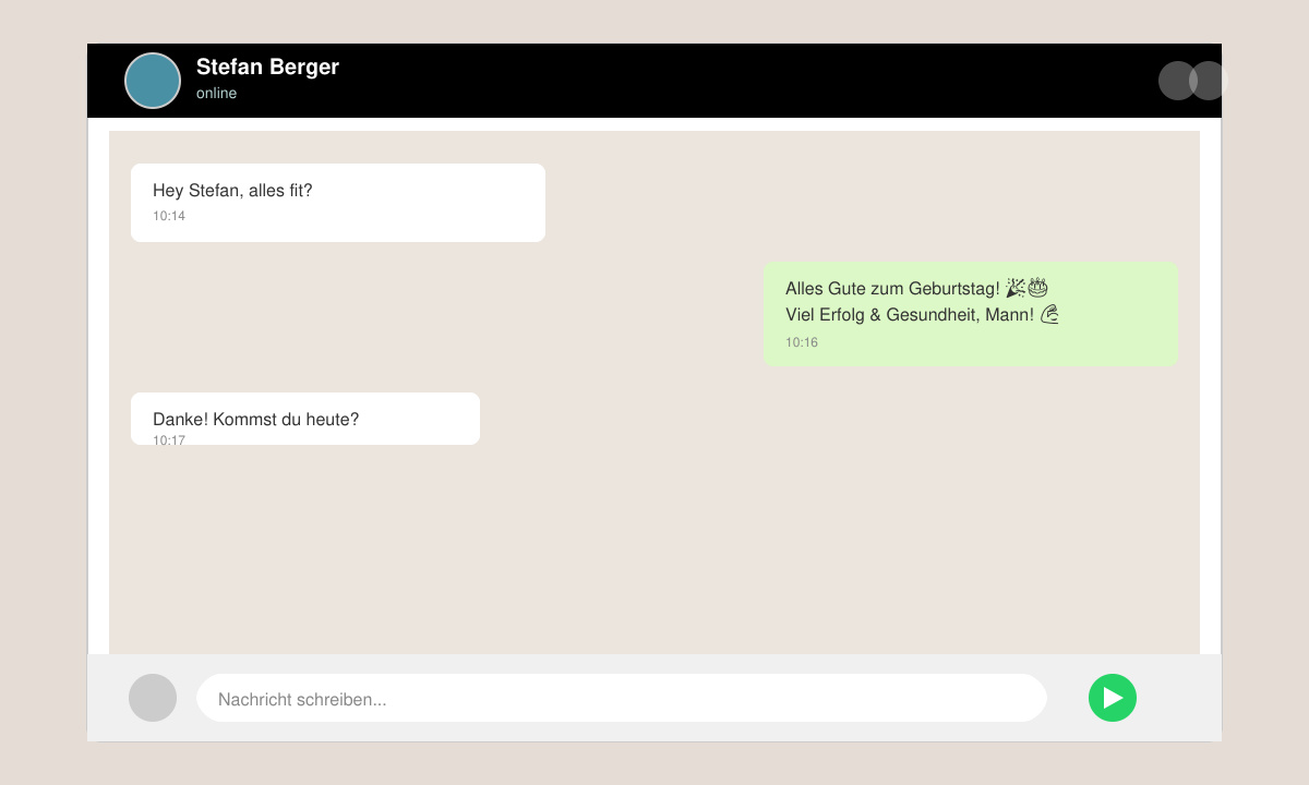 WhatsApp-Chat-Fenster mit abgeschicktem Geburtstagswunsch inklusive Emoji für einen Mann