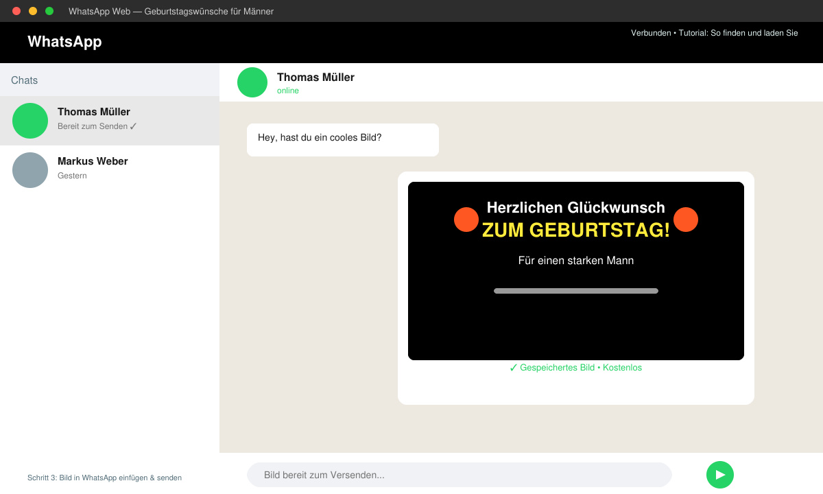 Gespeichertes Bild mit Geburtstagswunsch für Männer, bereit zum Versenden in WhatsApp