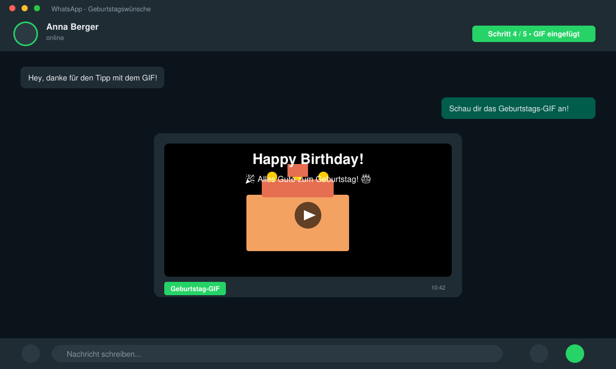 WhatsApp-Chat-Fenster mit eingefügtem animiertem Geburtstags-GIF
