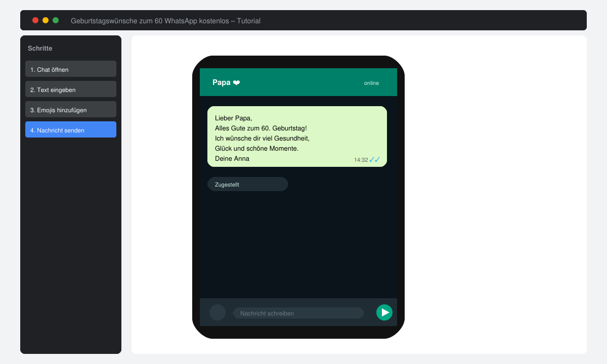Smartphone screen showing a sent WhatsApp message with a personalized 60th birthday wish and delivery status
