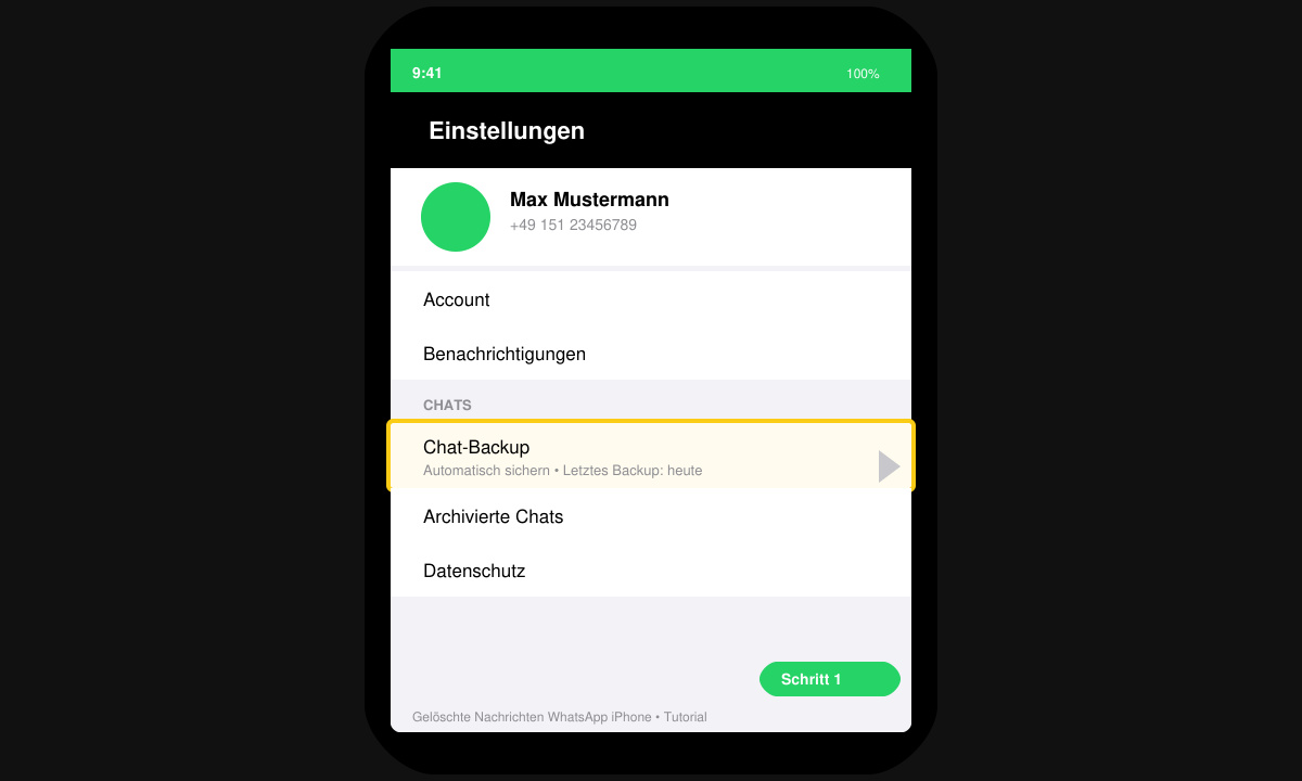 WhatsApp-Einstellungsmenü mit sichtbarem Chat-Backup-Bereich auf dem iPhone