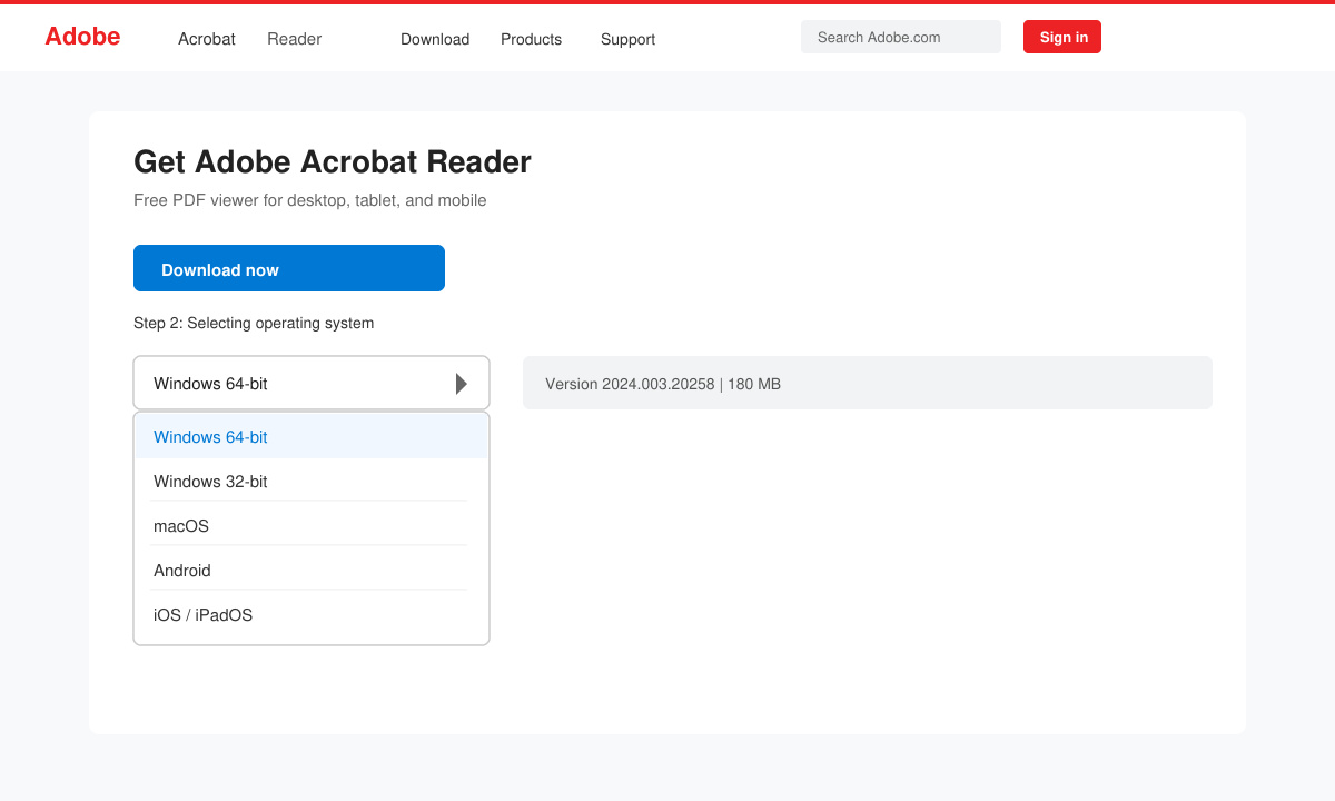 Selecting operating system on Adobe Acrobat Reader download page