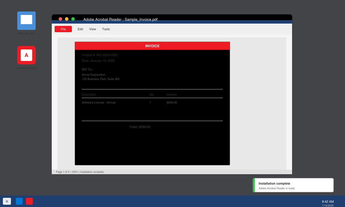 Adobe Acrobat Reader successfully installed on desktop