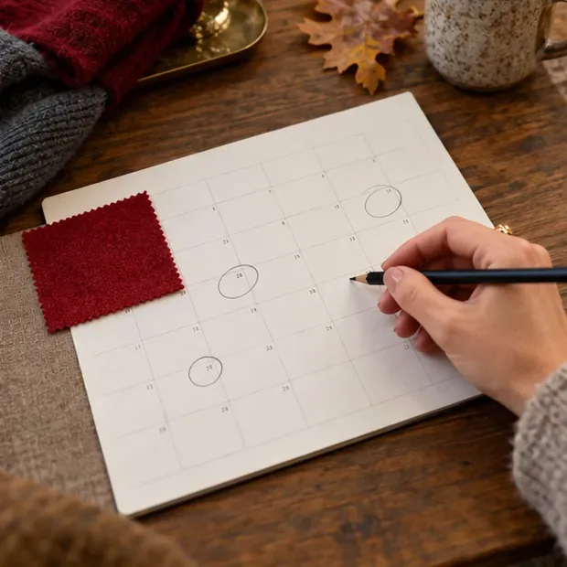 Ein Stift markiert einige Felder in einem Papierkalender neben einem dunkelroten Stoffmuster und gefalteten Herbststoffen.