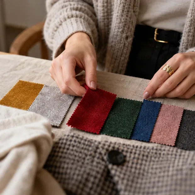 Eine Hand wählt ein rotes Stoffmuster aus einer Reihe goldener, silbergrauer, grüner, blauer und rosafarbener Stoffe.