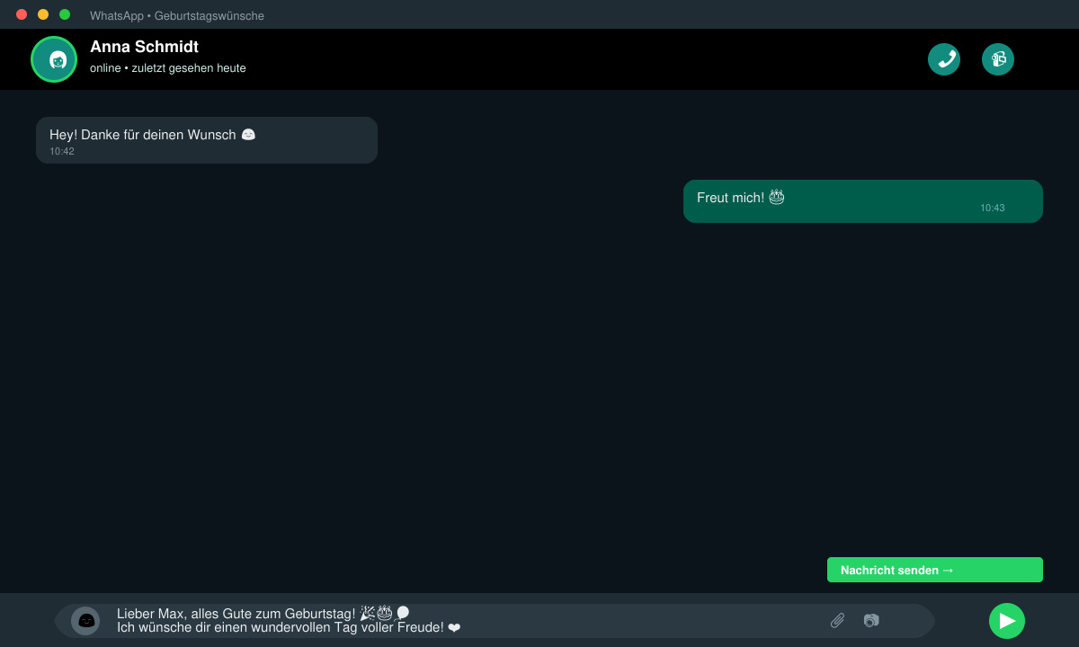 WhatsApp-Eingabefeld mit fertigem, personalisiertem Geburtstagswunsch und Emojis