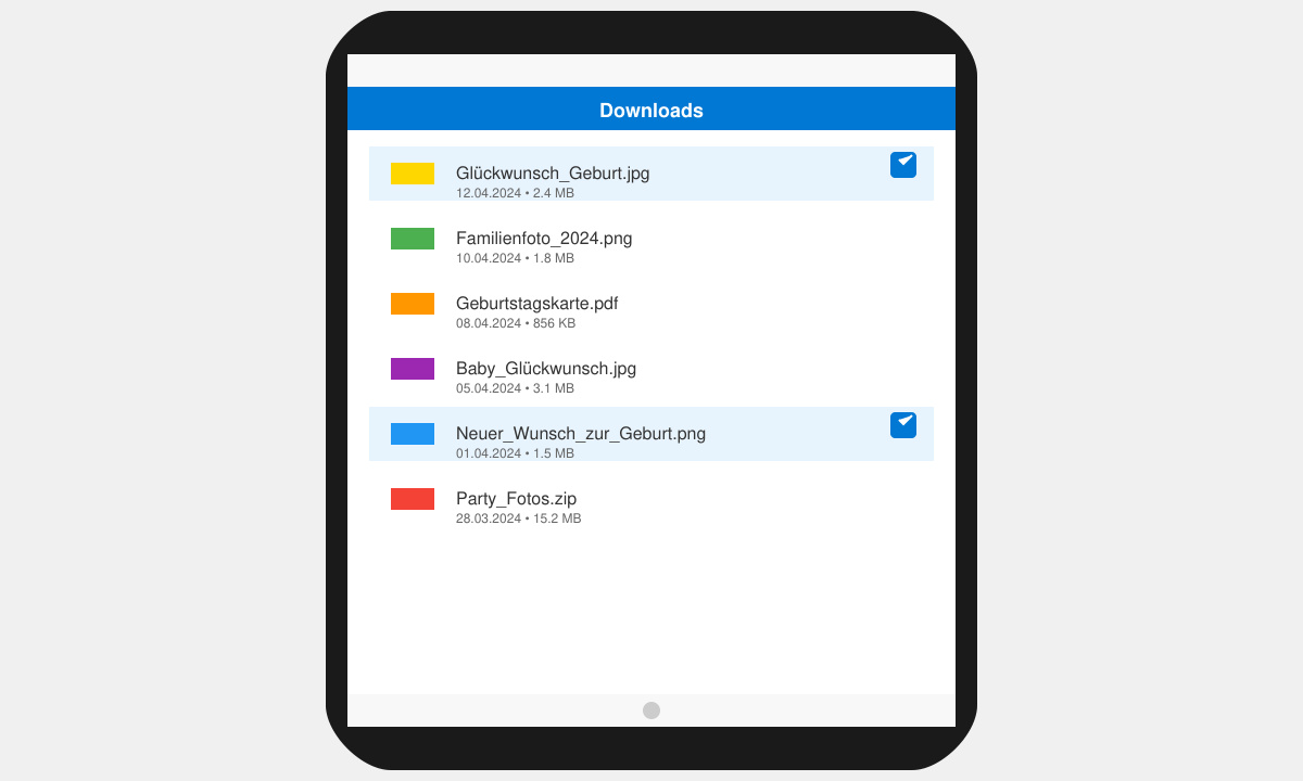 Smartphone-Bildschirm mit geöffnetem Download-Ordner und markiertem Glückwunsch-Bild