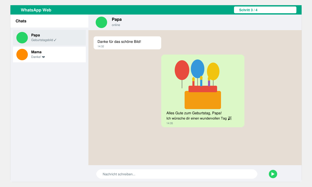 WhatsApp-Chat-Fenster mit angehängtem Glückwunsch-Bild und fertigem Text