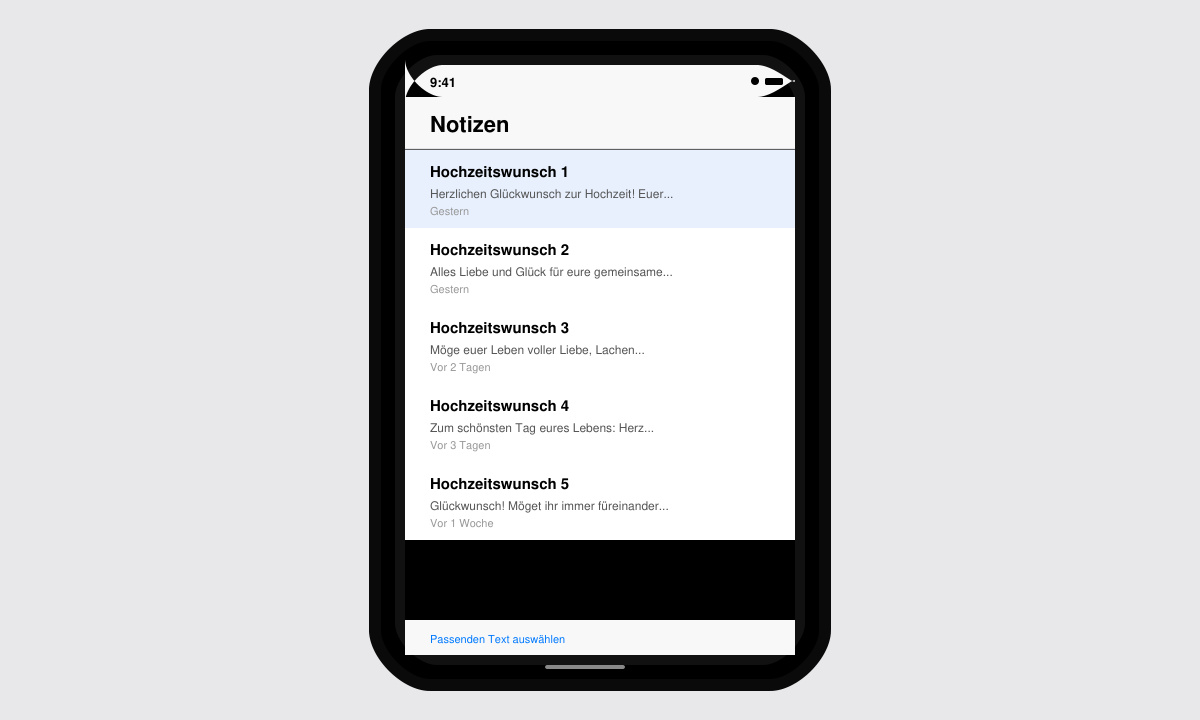 Nahaufnahme eines Handys mit geöffneter Notizen-App und mehreren Hochzeitswunsch-Texten auf dem Bildschirm