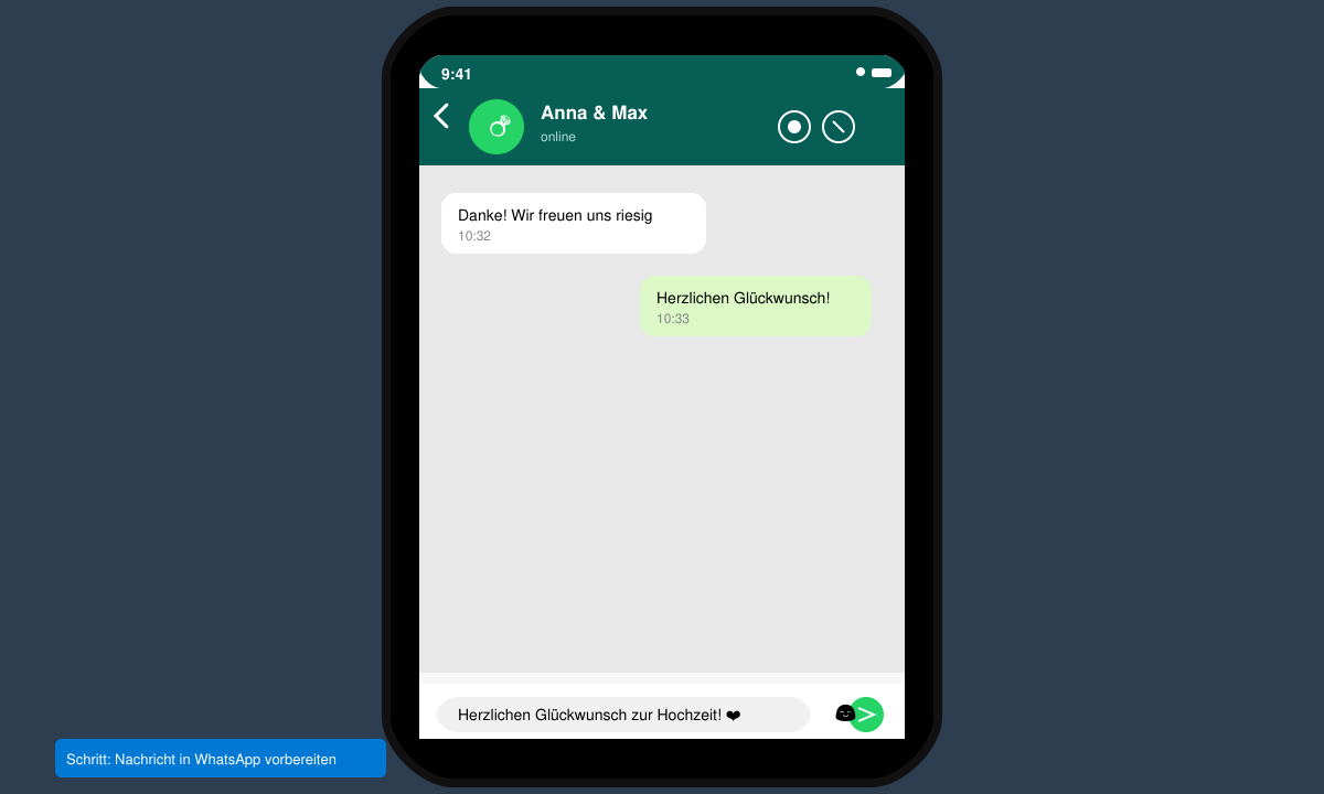 WhatsApp-Chat-Fenster auf einem Smartphone mit fertigem Hochzeitsglückwunsch und einem Herz-Emoji