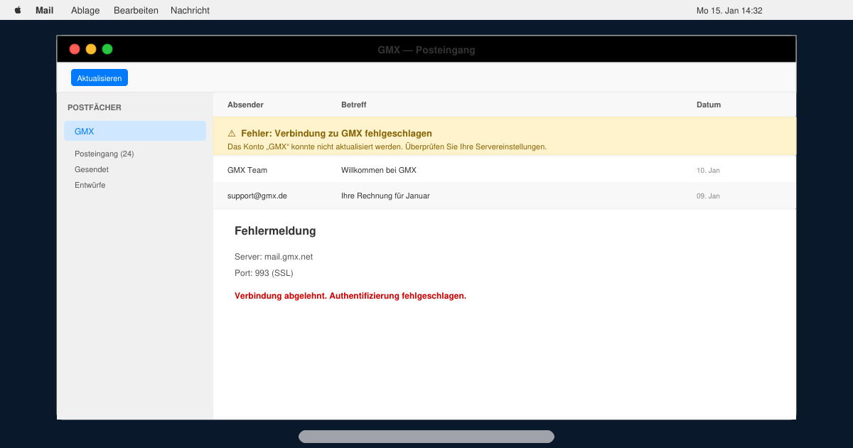 GMX apple mail funktioniert nicht