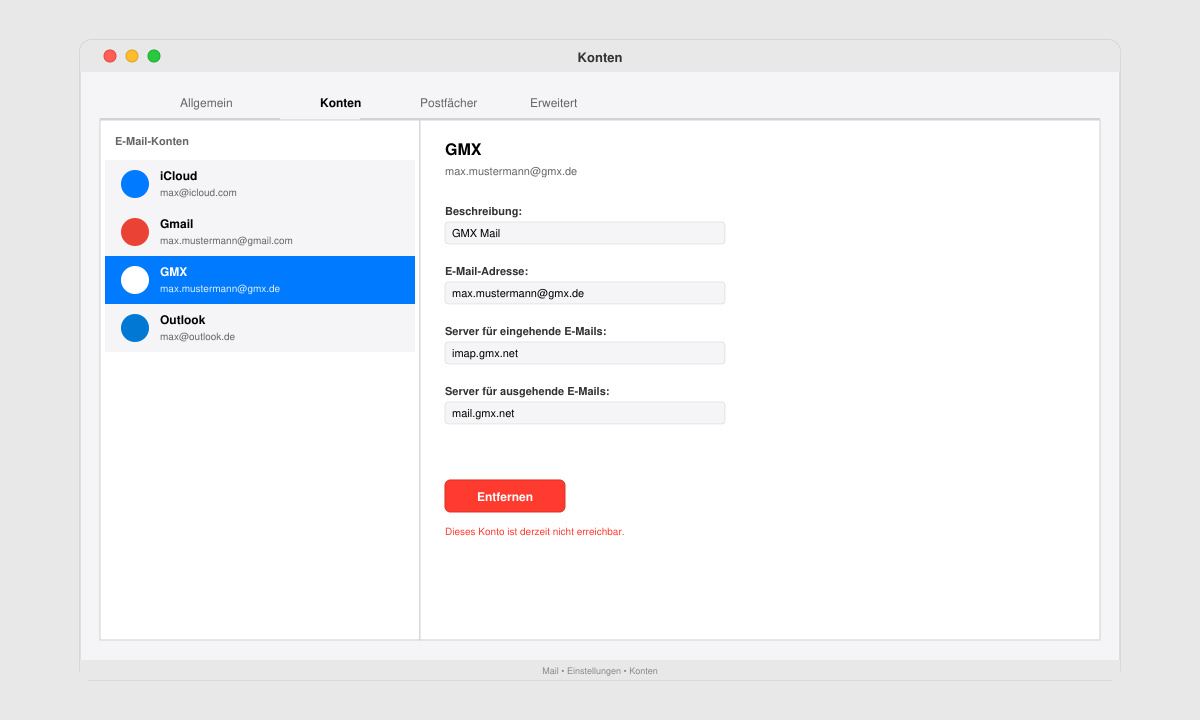 Bildschirmfoto der Apple Mail Konten-Einstellungen mit hervorgehobenem GMX-Konto und Entfernen-Button