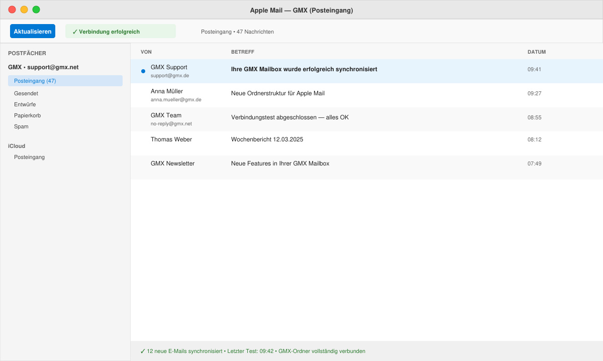 Erfolgreiche Synchronisation: Apple Mail Posteingang mit GMX-Ordnern und neuen E-Mails auf Mac