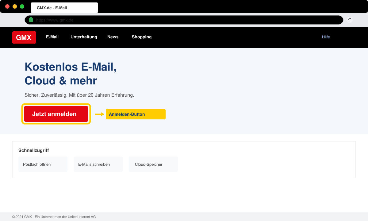 Browserfenster mit der GMX Startseite und hervorgehobenem Anmelden-Button