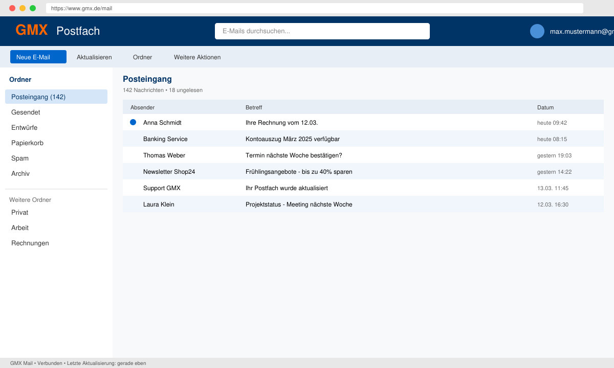 GMX Postfach-Übersicht mit E-Mail-Liste und Ordnern