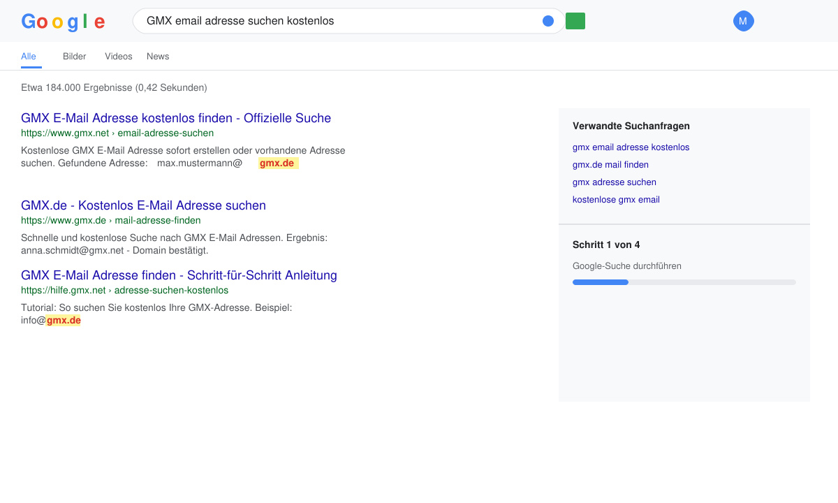Google-Suchergebnisse mit Operator für GMX E-Mail-Adresse