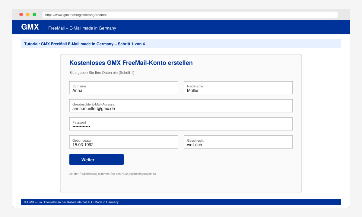 Screenshot des GMX Registrierungsformulars mit ausgefüllten Feldern